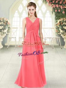 Designer Watermelon Red V-neck Neckline Ruching Dress for Prom Sleeveless Zipper