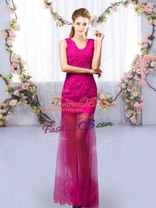 Chic Column/Sheath Bridesmaid Gown Fuchsia V-neck Tulle Sleeveless Floor Length Lace Up
