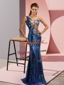 Blue Prom Evening Gown One Shoulder Sleeveless Sweep Train Lace Up
