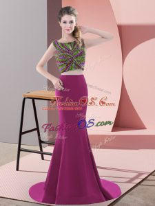 Smart Fuchsia Sleeveless Sweep Train Beading Prom Dress