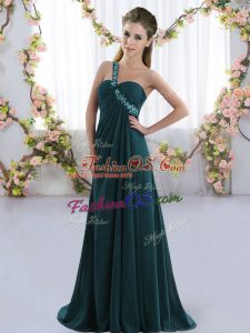 High Quality Peacock Green Sleeveless Chiffon Brush Train Lace Up Dama Dress for Quinceanera for Prom and Party