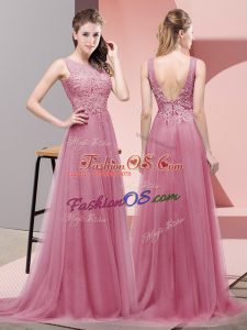 Sleeveless Tulle Sweep Train Lace Up Prom Dress in Pink with Lace