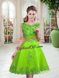 Simple A-line Tulle Scoop Sleeveless Beading and Appliques Knee Length Lace Up Prom Evening Gown