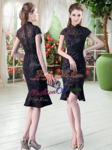 High-neck Short Sleeves Zipper Lace Casual Dresses in Black