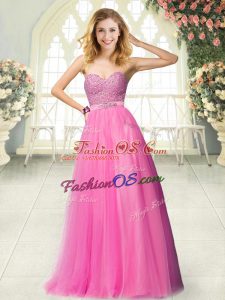 Floor Length Hot Pink Evening Dress Tulle Sleeveless Beading