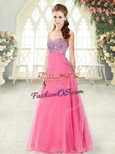 Hot Pink Tulle Lace Up Homecoming Dress Sleeveless Floor Length Beading