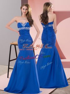 On Sale Satin Sweetheart Sleeveless Lace Up Beading and Ruching Prom Gown in Blue