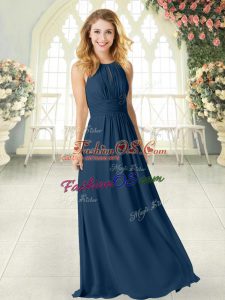 Best Selling Navy Blue Empire Chiffon Scoop Sleeveless Ruching Floor Length Zipper Prom Evening Gown