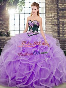 Cute Lavender Ball Gowns Sweetheart Sleeveless Tulle Sweep Train Lace Up Embroidery and Ruffles Ball Gown Prom Dress