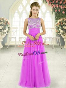Enchanting Lilac Empire Scoop Sleeveless Tulle Floor Length Side Zipper Beading Prom Evening Gown