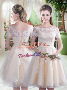 Charming Champagne A-line Off The Shoulder Short Sleeves Tulle Knee Length Lace Up Lace Homecoming Dress