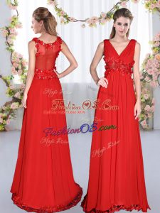 Classical V-neck Sleeveless Dama Dress for Quinceanera Floor Length Beading and Appliques Red Chiffon