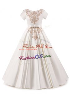 High Class White Zipper Little Girls Pageant Gowns Appliques Short Sleeves Floor Length