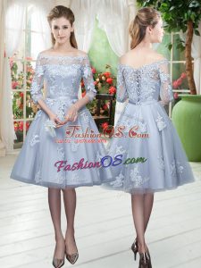 Strapless 3 4 Length Sleeve Tulle Homecoming Dress Appliques Lace Up