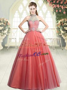 Watermelon Red Sleeveless Floor Length Beading Zipper Dress for Prom