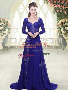 Hot Sale Royal Blue A-line Beading and Lace Party Dress Wholesale Backless Chiffon Long Sleeves