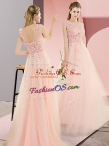 Pink Tulle Lace Up Prom Party Dress Sleeveless Floor Length Beading and Lace and Appliques
