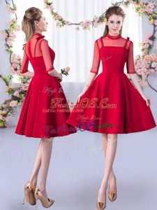 Red High-neck Neckline Ruching Dama Dress for Quinceanera Half Sleeves Zipper