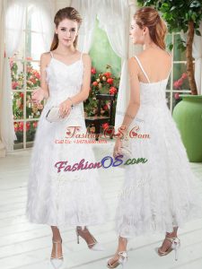 Glorious Sleeveless Tea Length Zipper Evening Dress in White with Ruffles