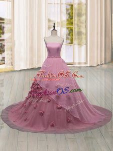 Fantastic Pink Ball Gowns Hand Made Flower Ball Gown Prom Dress Lace Up Tulle Sleeveless