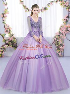Ball Gowns Quinceanera Gowns Lavender V-neck Tulle Long Sleeves Floor Length Zipper
