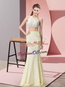 Dazzling Sleeveless Floor Length Beading Backless Homecoming Dress with Light Yellow