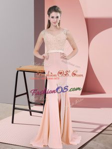 V-neck Sleeveless Prom Party Dress Sweep Train Beading and Lace Peach Chiffon