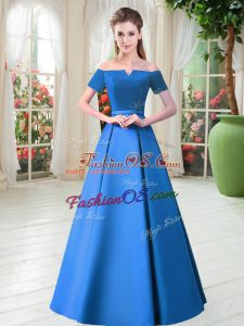 Dramatic Blue A-line Off The Shoulder Short Sleeves Satin Floor Length Lace Up Belt Prom Dress