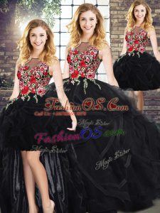 Fantastic Black Zipper Quinceanera Dresses Embroidery and Ruffles Sleeveless Floor Length