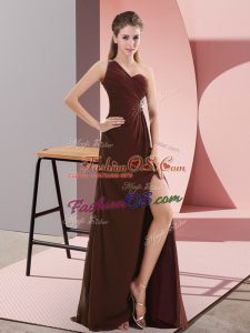 Customized Burgundy Empire Chiffon One Shoulder Sleeveless Beading and Ruching Backless Prom Party Dress Sweep Train