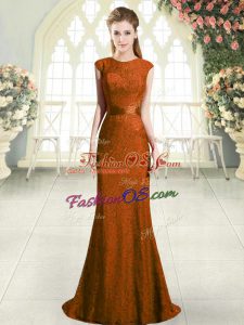 Backless Prom Party Dress Brown for Prom and Party with Lace Sweep Train