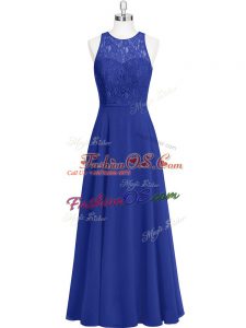 Sleeveless Chiffon Floor Length Zipper Evening Dress in Royal Blue with Lace