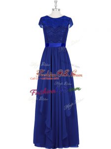 Comfortable Royal Blue Chiffon Zipper Scoop Cap Sleeves Floor Length Prom Gown Lace