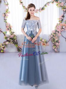 A-line Bridesmaid Gown Blue Off The Shoulder Tulle Short Sleeves Floor Length Lace Up
