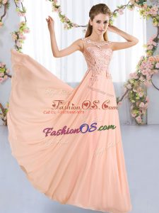 Wonderful Peach Chiffon Lace Up Court Dresses for Sweet 16 Sleeveless Floor Length Lace