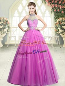 Modern Pink Halter Top Neckline Beading Prom Evening Gown Sleeveless Zipper