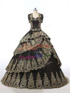 Graceful Black Sleeveless Floor Length Embroidery Lace Up Quinceanera Gowns