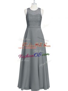 Elegant Grey Zipper Prom Evening Gown Lace and Appliques and Belt Sleeveless Floor Length
