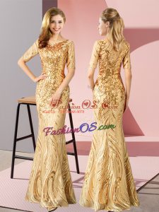 Gold Zipper Prom Dresses Sequins Half Sleeves Floor Length