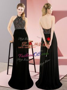 Black Prom Party Dress High-neck Sleeveless Sweep Train Backless