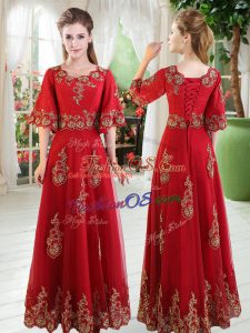 Scoop Half Sleeves Homecoming Dress Floor Length Lace Red Tulle