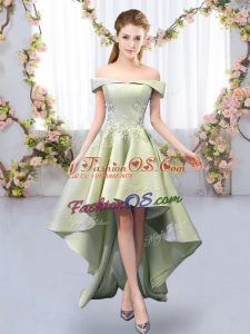 Satin Off The Shoulder Sleeveless Lace Up Appliques Bridesmaid Dress in Yellow Green