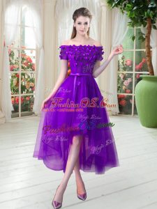 Chic High Low A-line Short Sleeves Purple Prom Dresses Lace Up