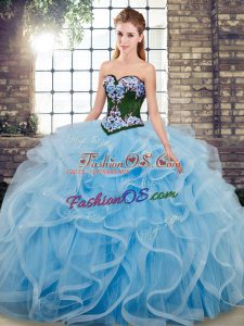 Eye-catching Embroidery 15 Quinceanera Dress Baby Blue Lace Up Sleeveless Sweep Train