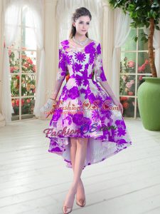 White And Purple Lace Lace Up Prom Gown Half Sleeves High Low Belt