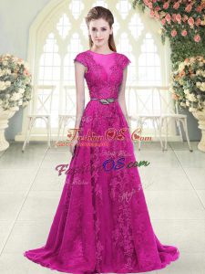 Customized Fuchsia Zipper Lace and Appliques Cap Sleeves Sweep Train
