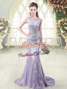 Fantastic Lavender Zipper Scoop Beading Prom Gown Sequined Sleeveless Brush Train