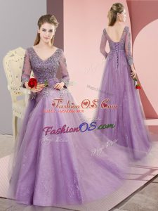 Fancy Lavender Prom Gown Tulle Sweep Train Long Sleeves Beading and Appliques