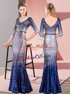 Suitable Multi-color 3 4 Length Sleeve Belt Floor Length Dress for Prom