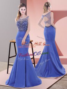 Blue Mermaid Scoop Sleeveless Satin Sweep Train Lace Up Beading and Lace Prom Dresses